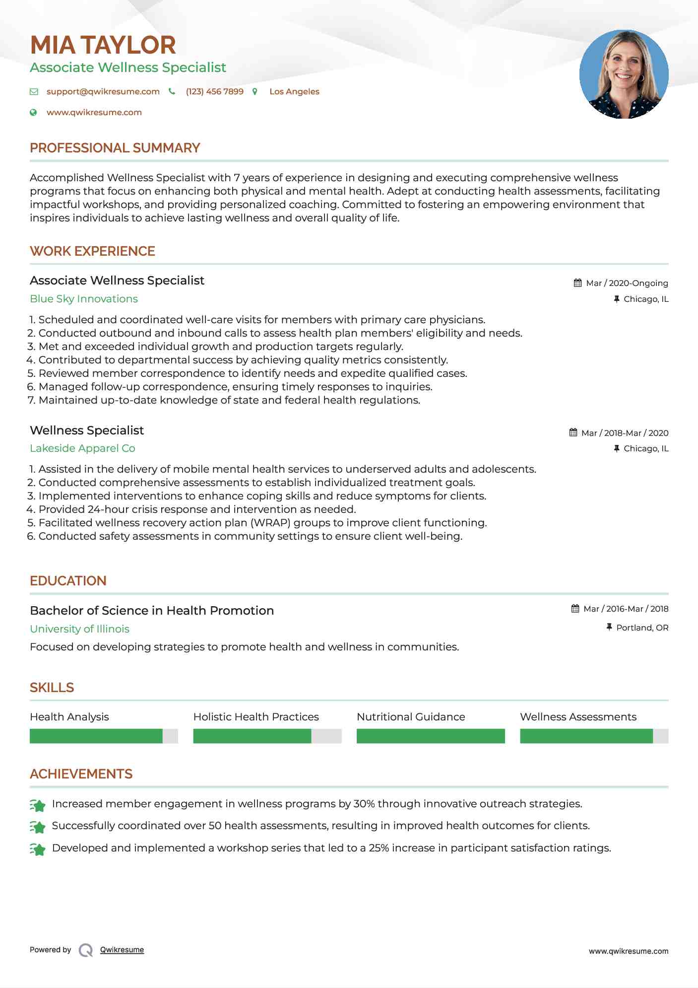 Associate Wellness Specialist Resume Format