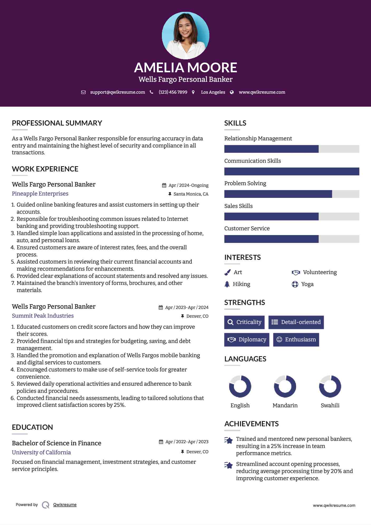Wells Fargo Personal Banker Resume Model