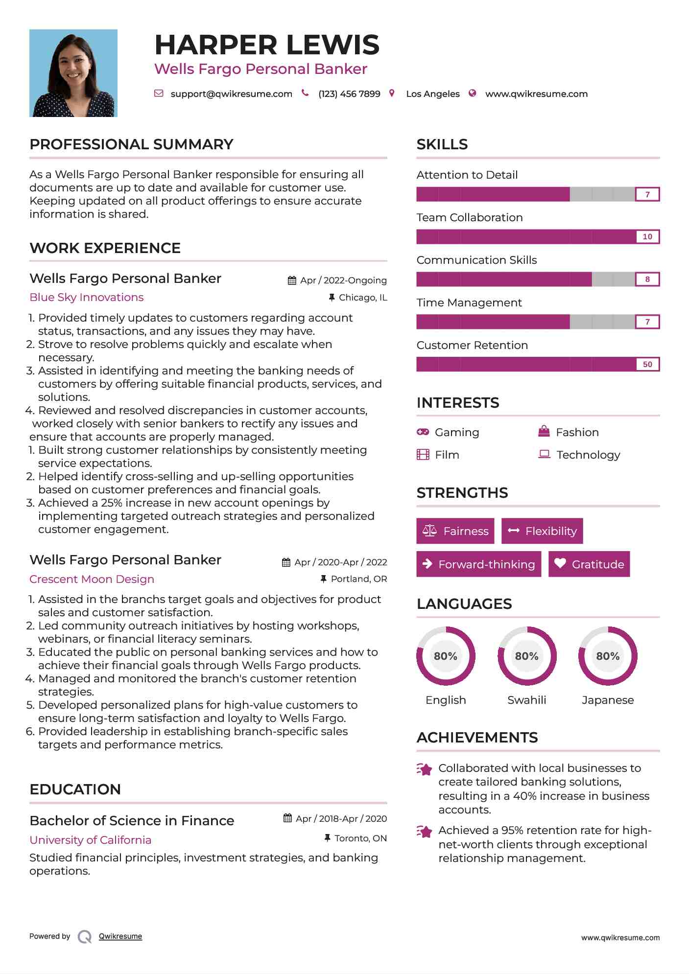 Wells Fargo Personal Banker Resume Example
