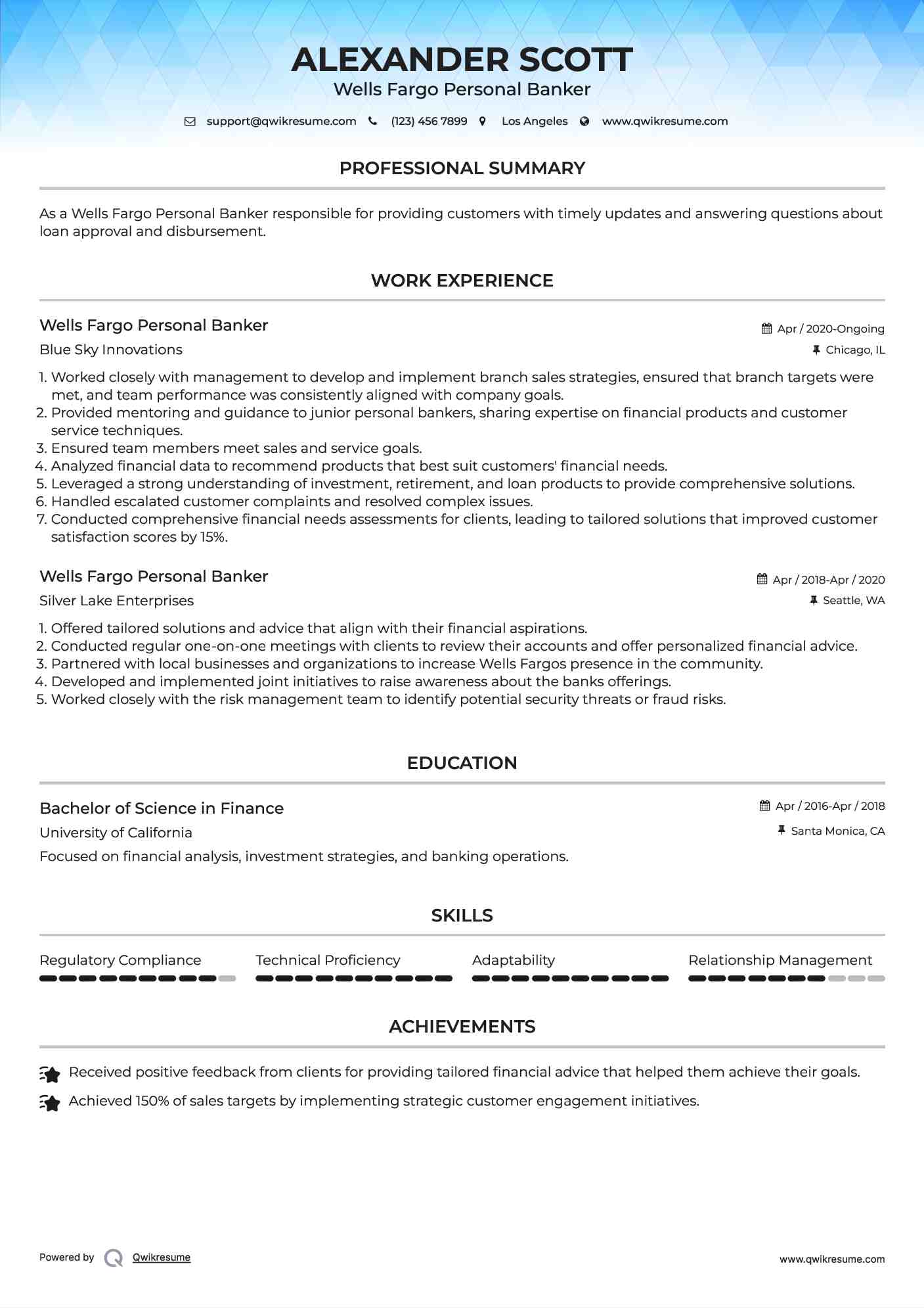 Wells Fargo Personal Banker Resume Model