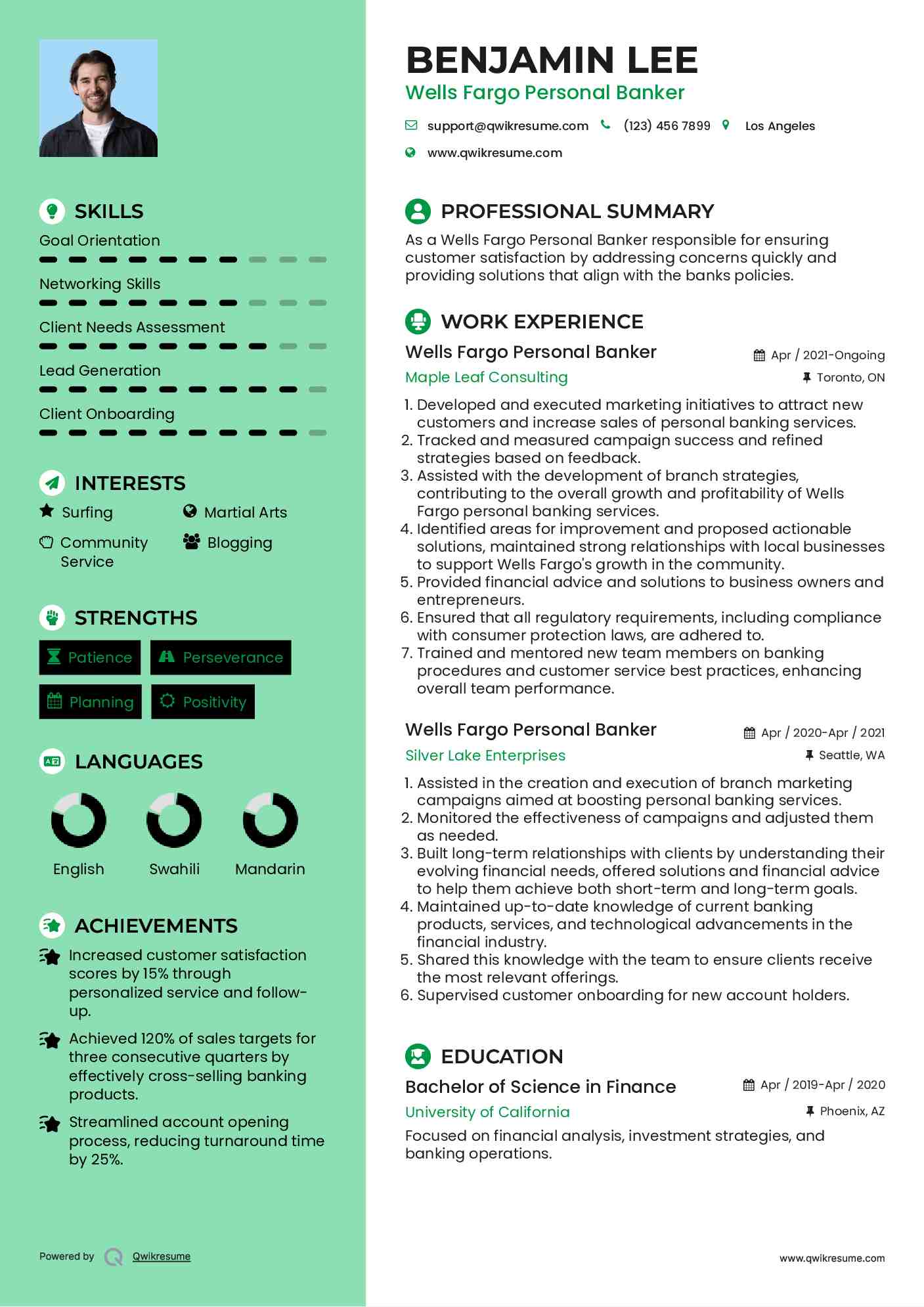 Wells Fargo Personal Banker Resume Sample