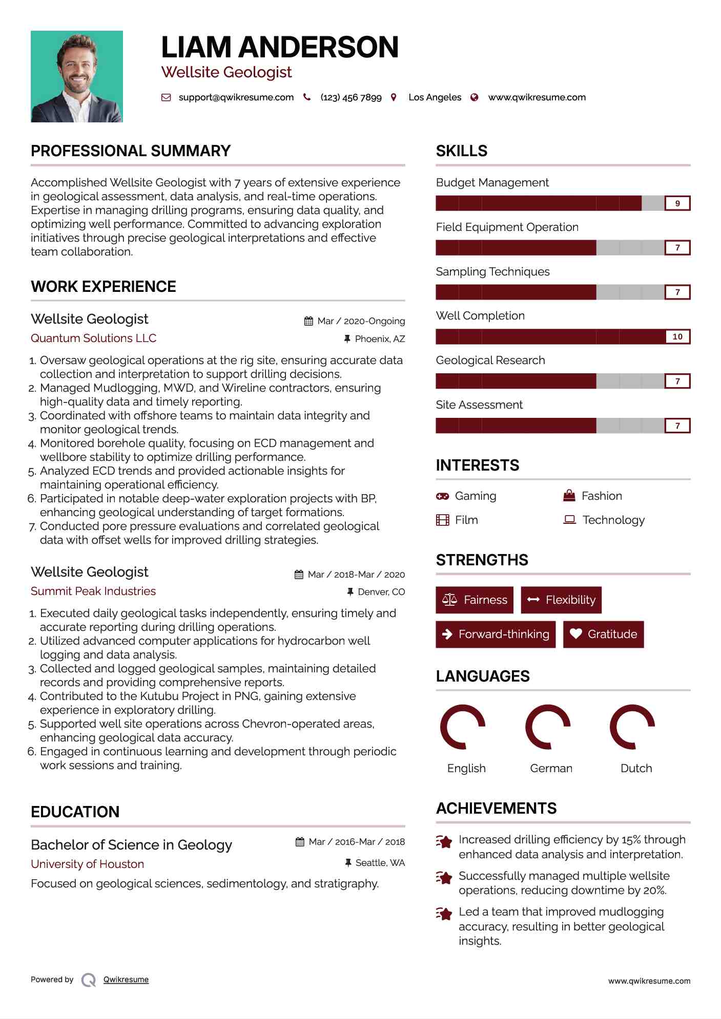 Wellsite Geologist Resume Sample