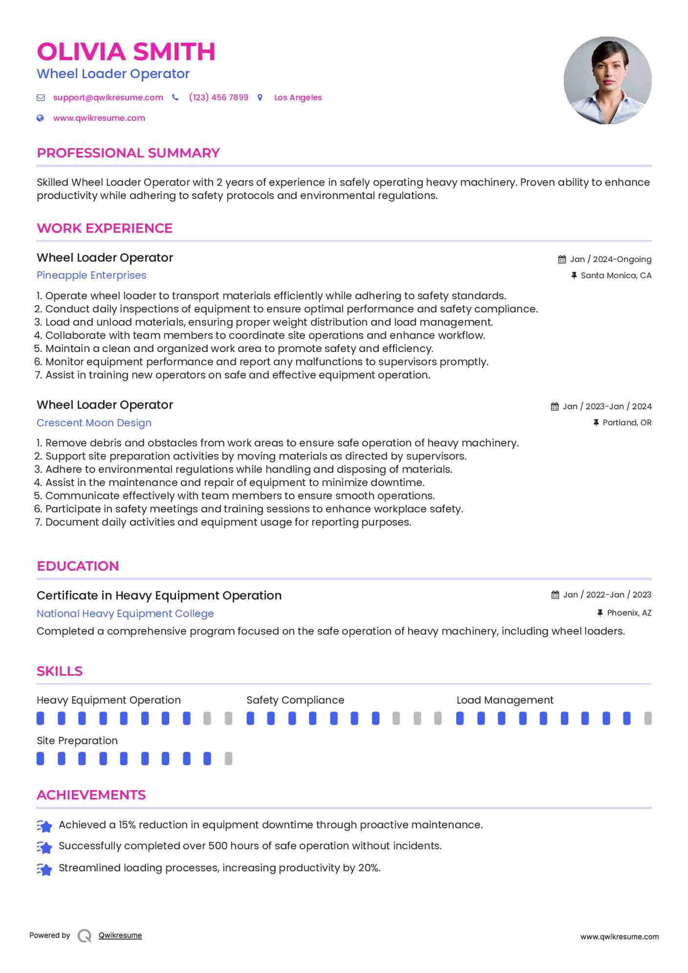 Wheel Loader Operator Resume Sample