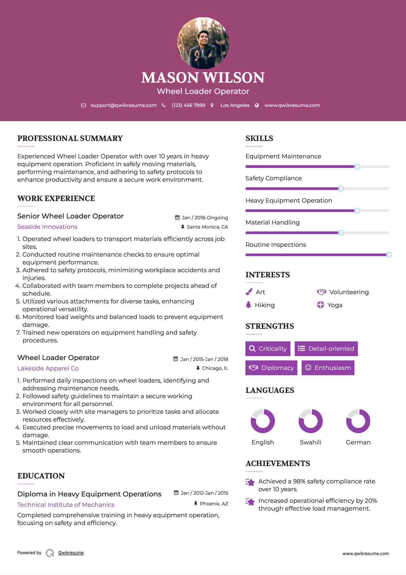 Senior Wheel Loader Operator Resume Template