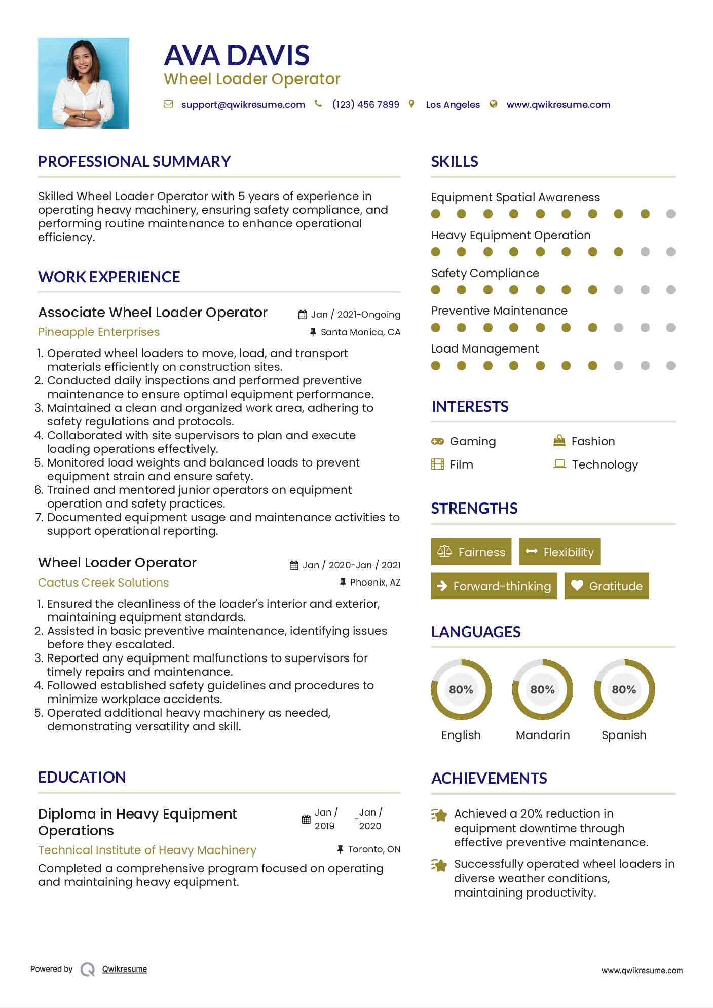 Associate Wheel Loader Operator Resume Example
