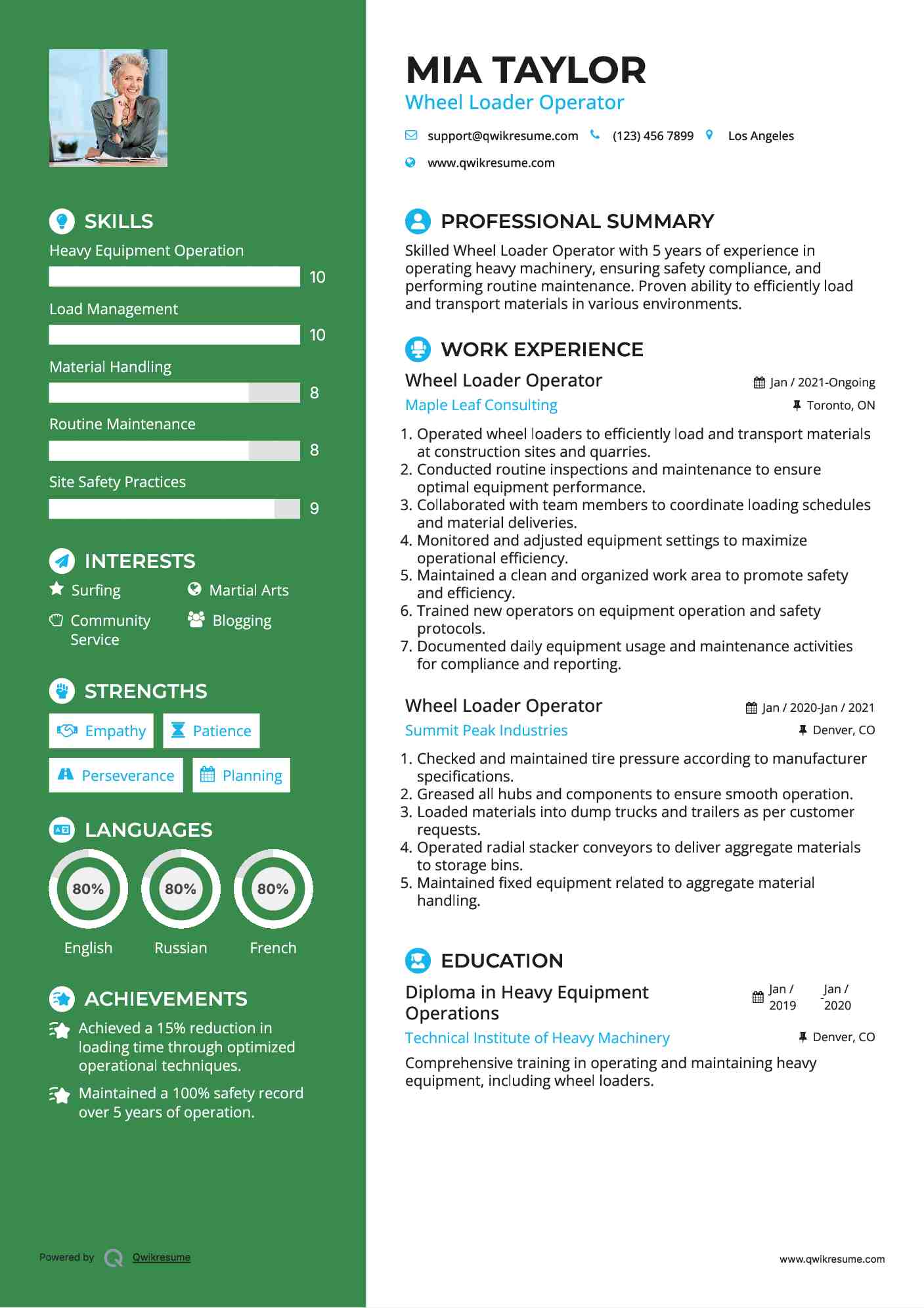 Wheel Loader Operator Resume Sample