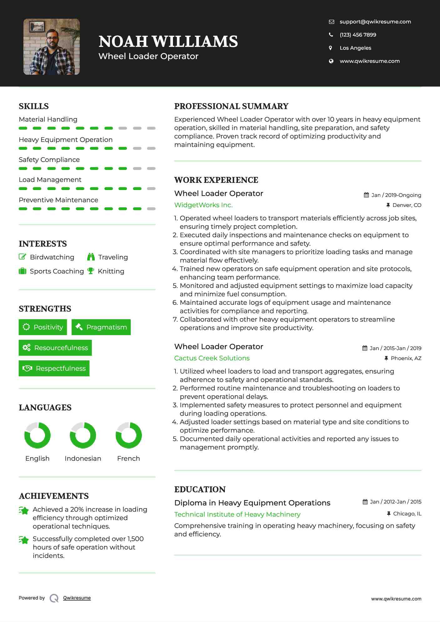 Wheel Loader Operator Resume Format