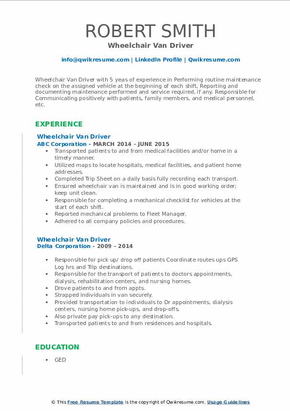 Wheelchair Van Driver Resume Samples QwikResume