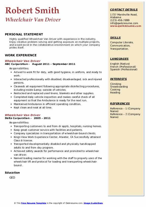Wheelchair Van Driver Resume Samples QwikResume