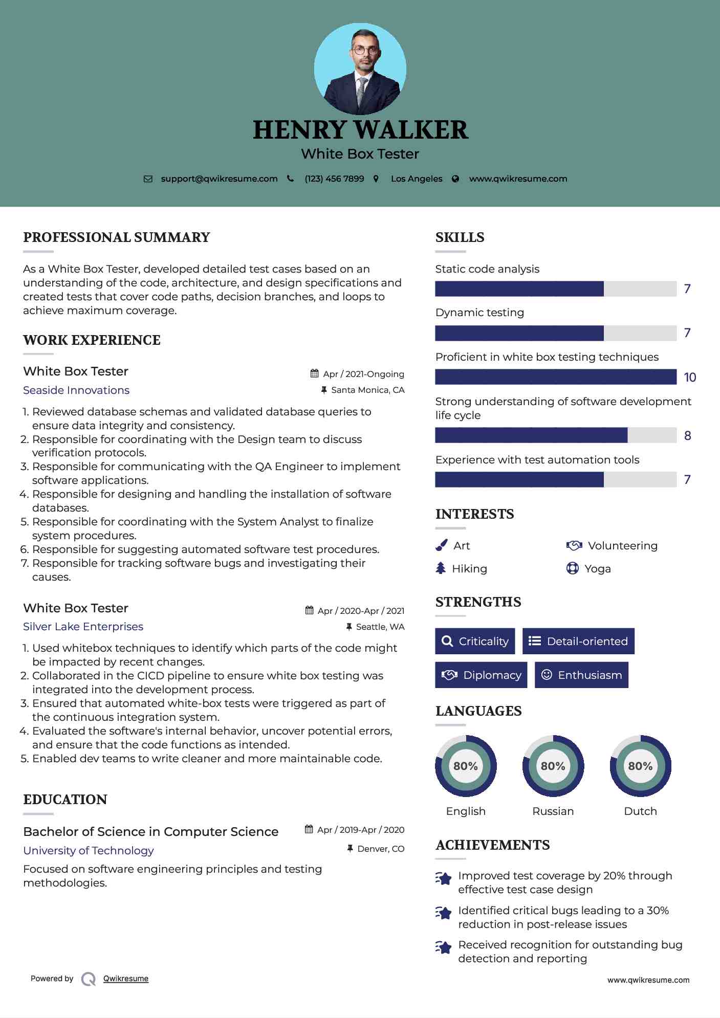 White Box Tester Resume Format