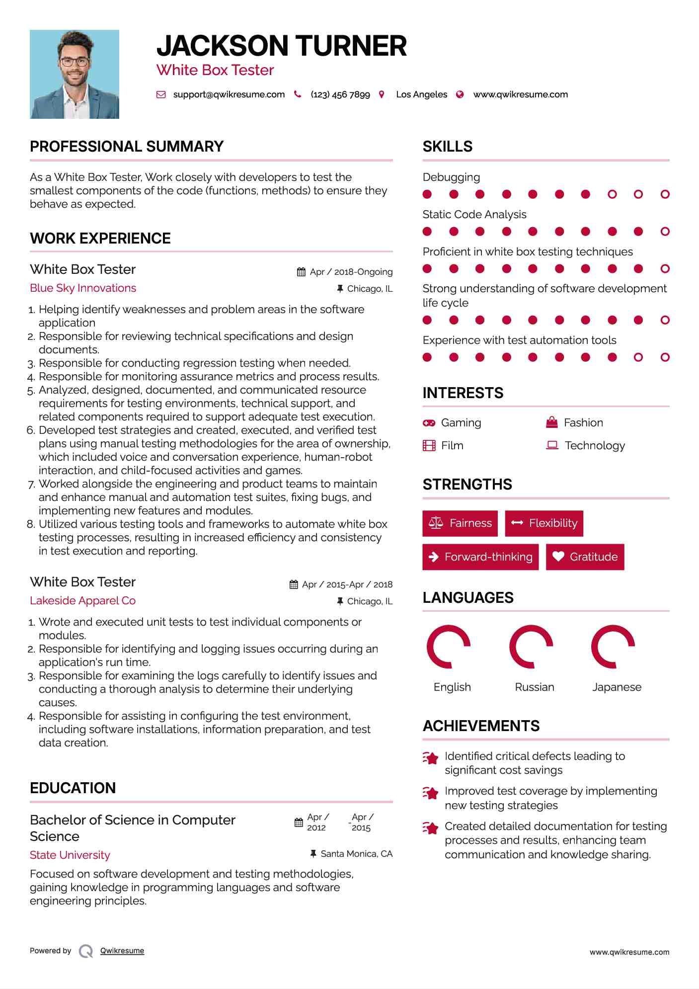 White Box Tester Resume Example