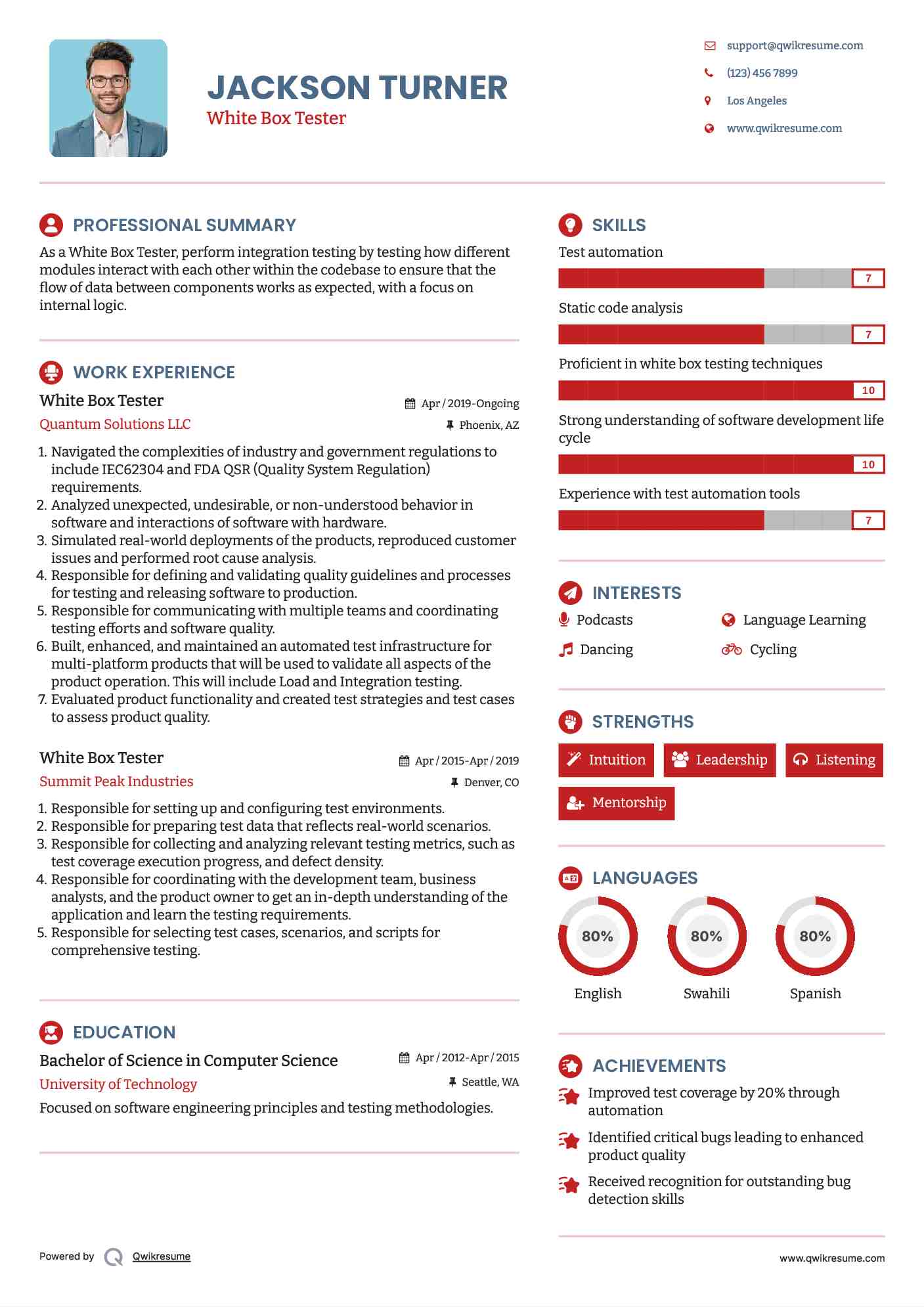 White Box Tester Resume Template