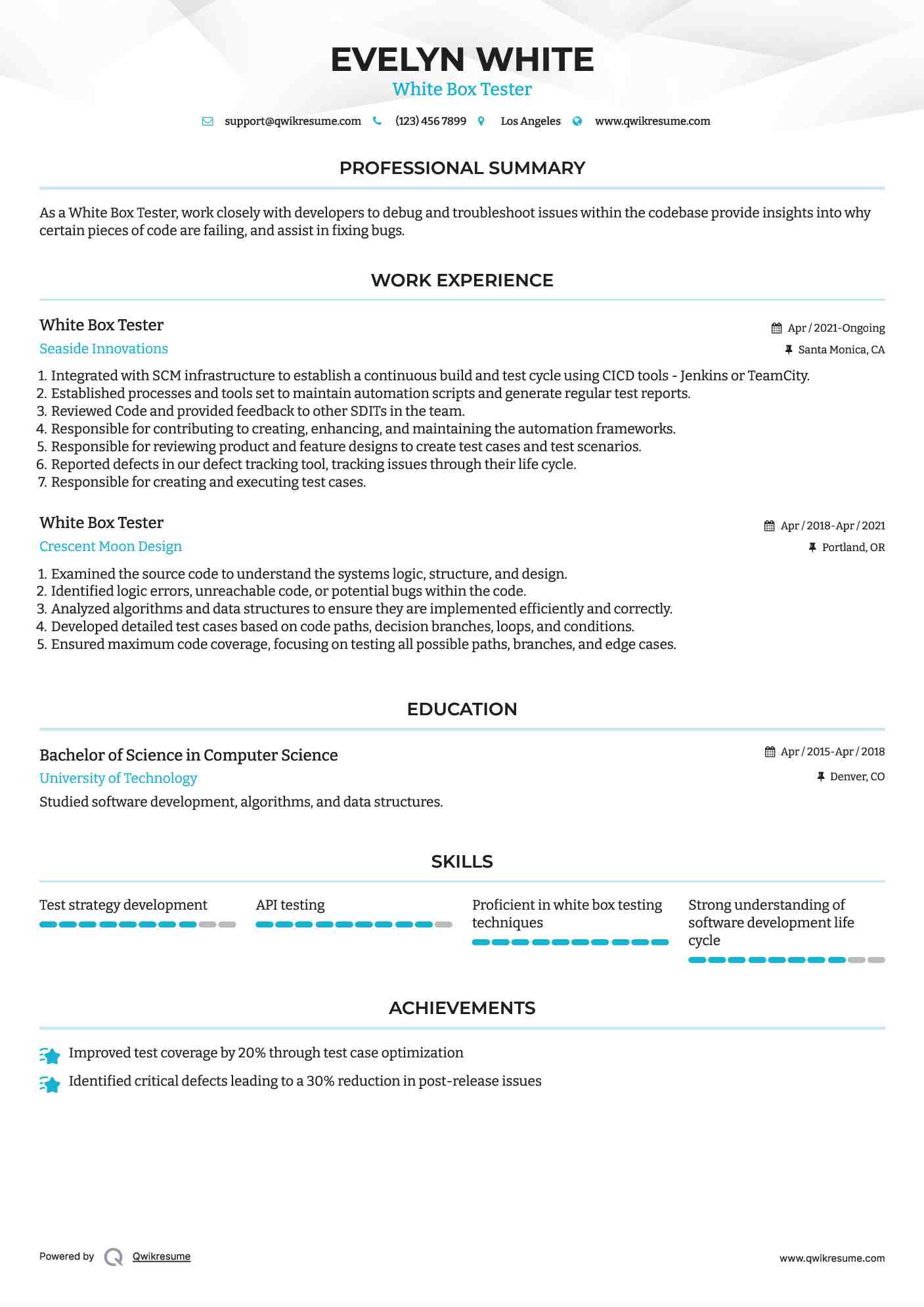 White Box Tester Resume Template