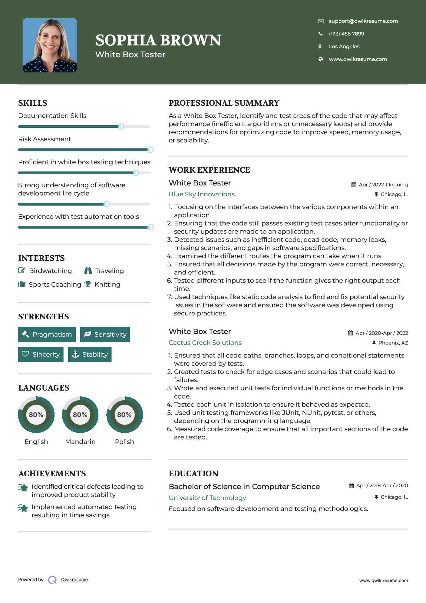 White Box Tester Resume Model