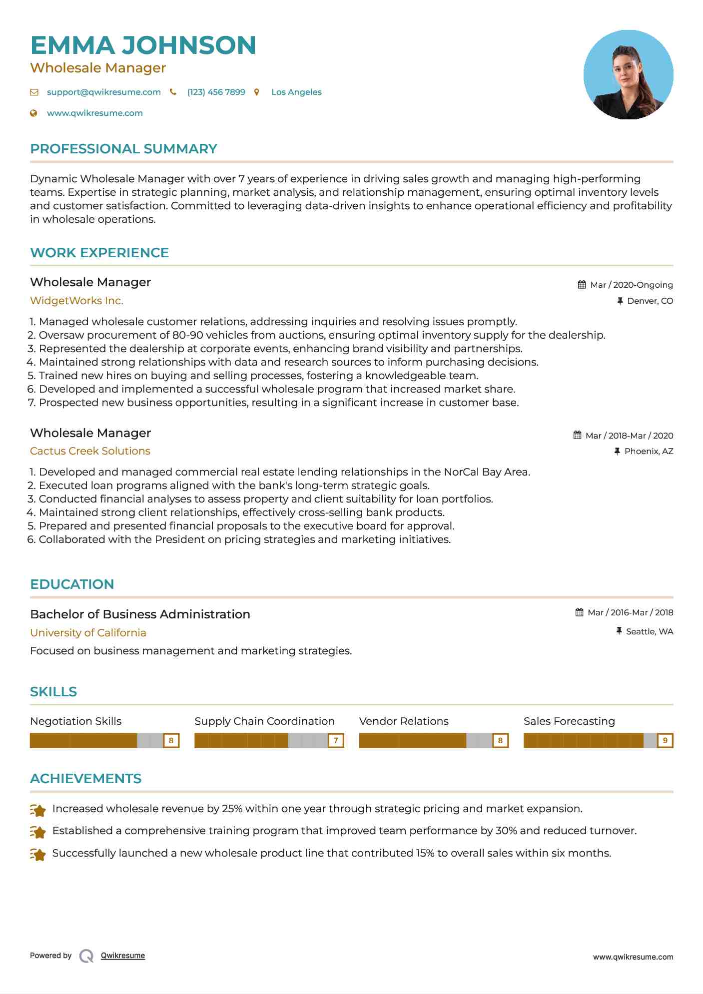Wholesale Manager Resume Template