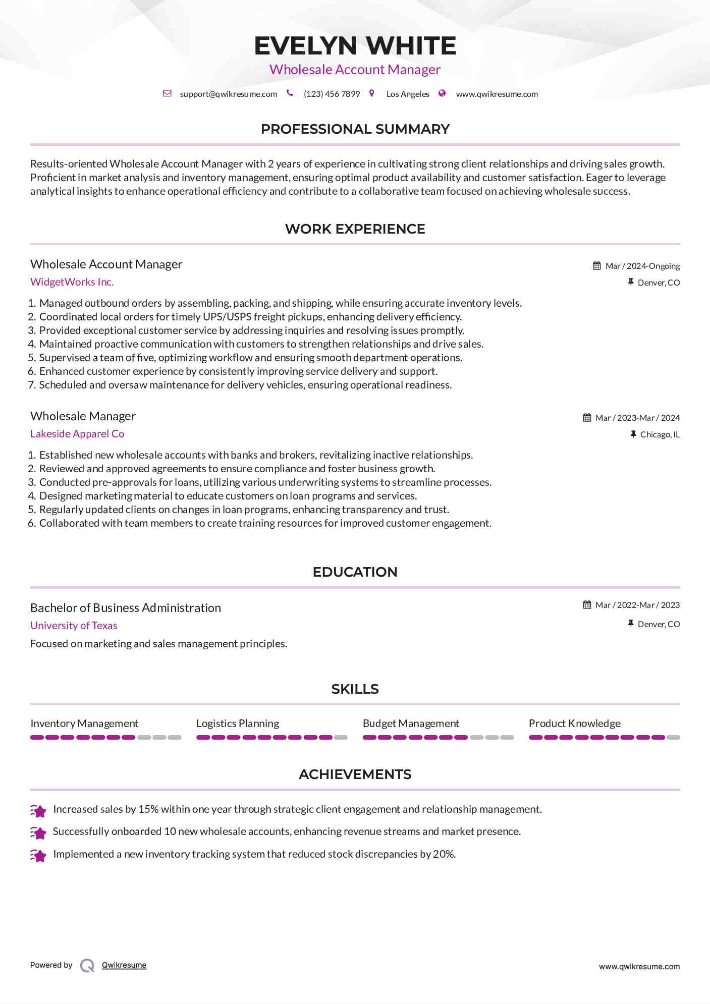 Wholesale Account Manager
 Resume Format