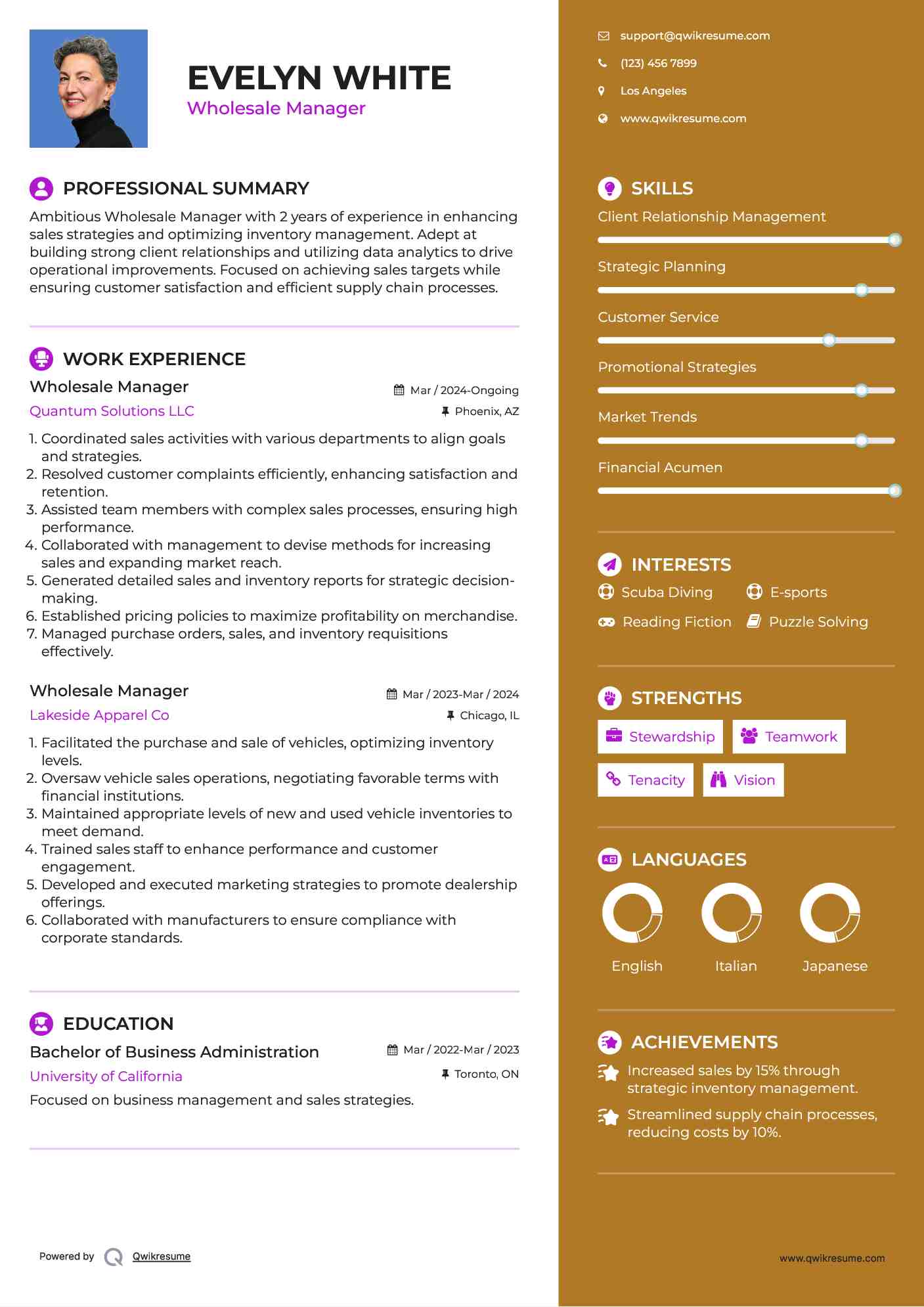 Wholesale Manager Resume Example