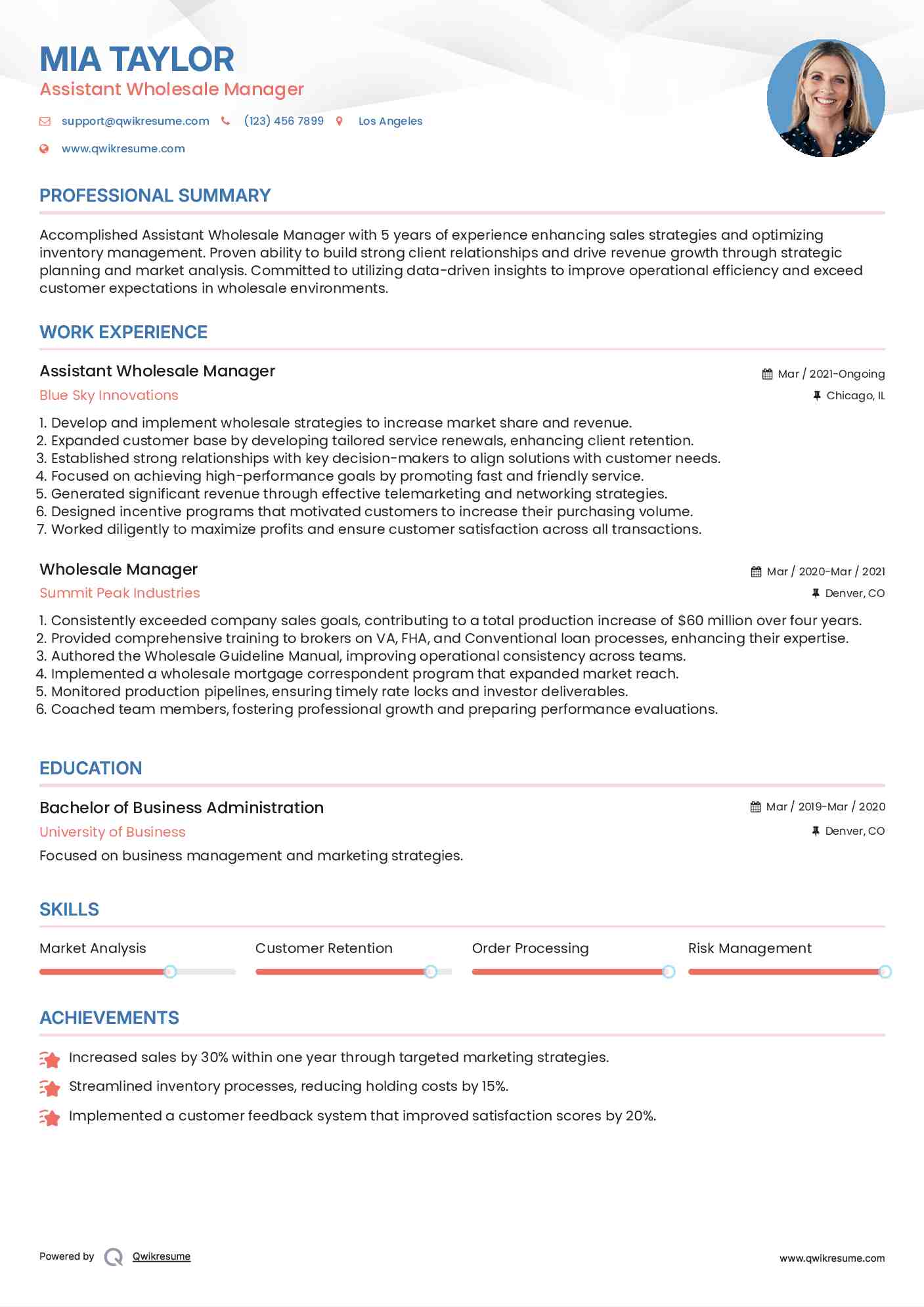 Assistant Wholesale Manager  Resume Template