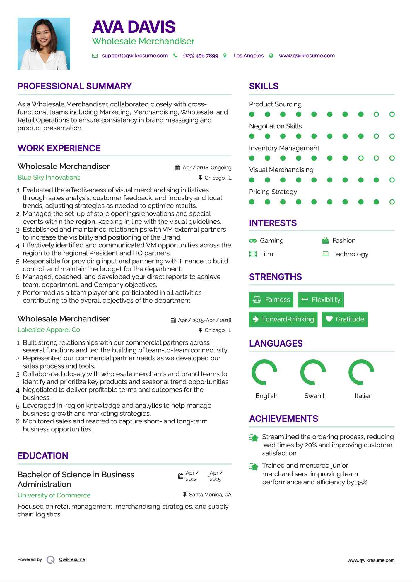 Wholesale Merchandiser Resume Model