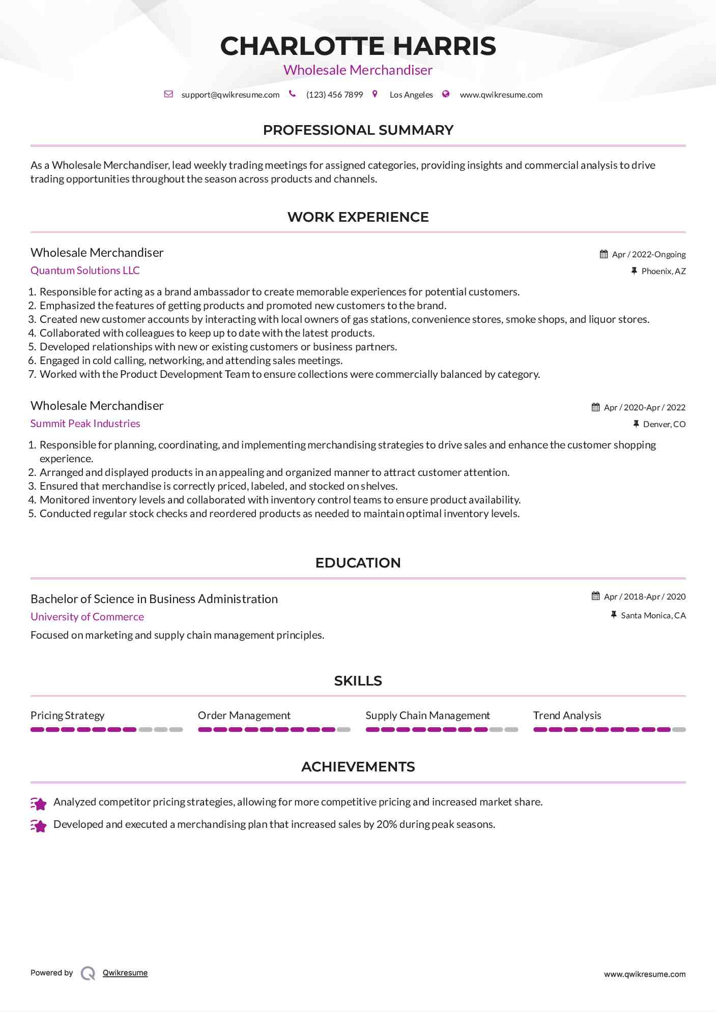 Wholesale Merchandiser Resume Template