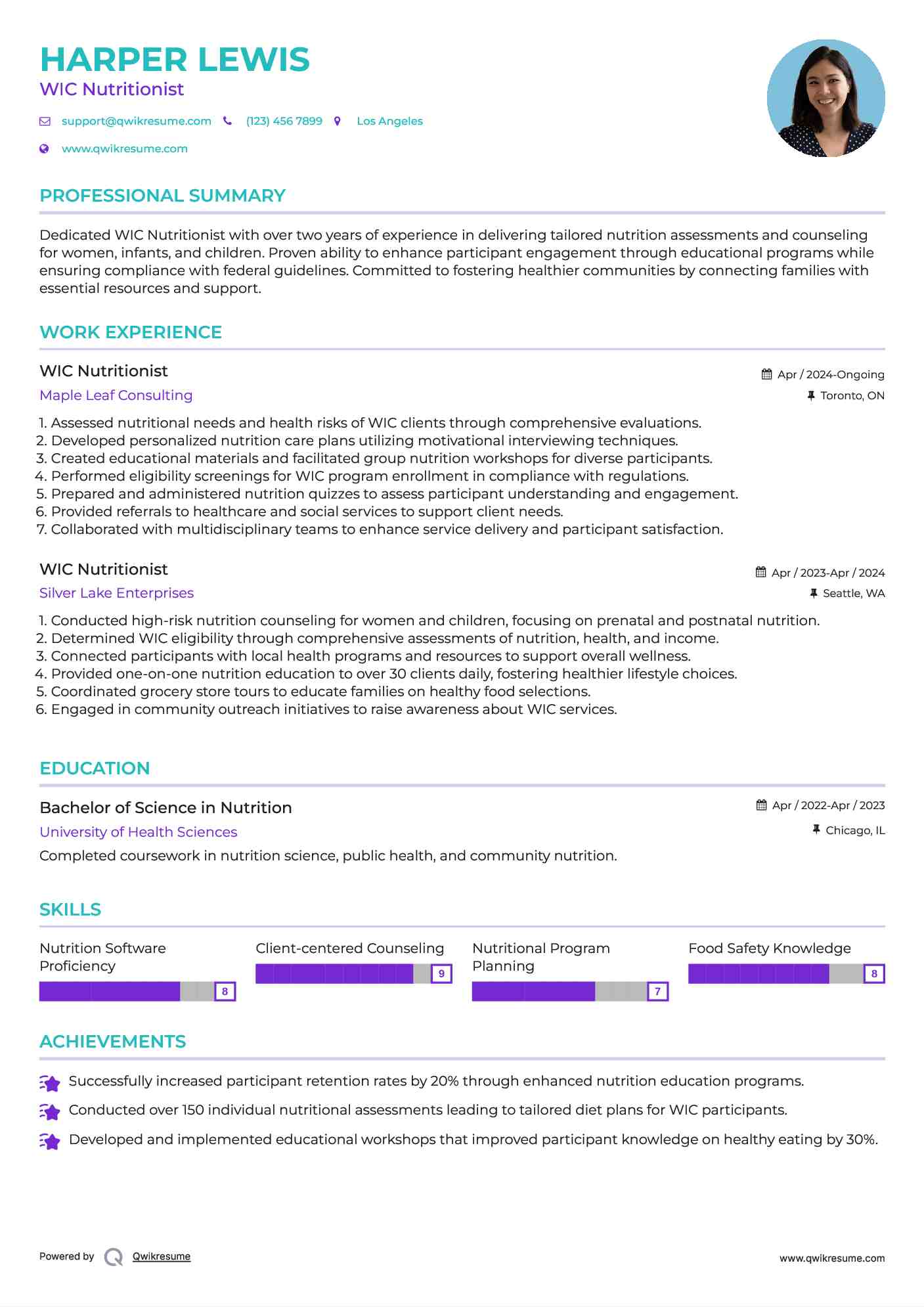 WIC Nutritionist Resume Format