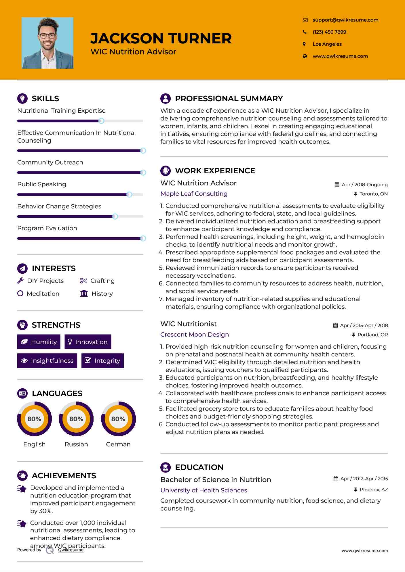 WIC Nutrition Advisor Resume Model