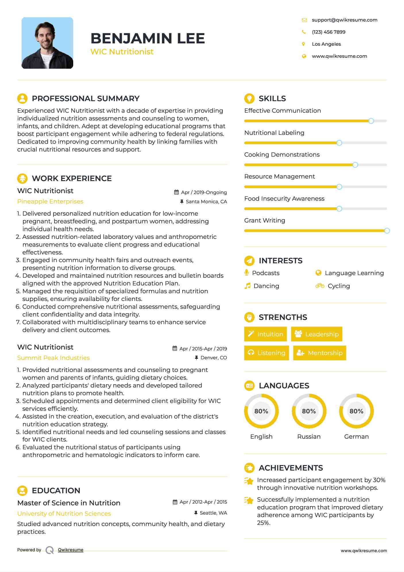 WIC Nutritionist Resume Sample