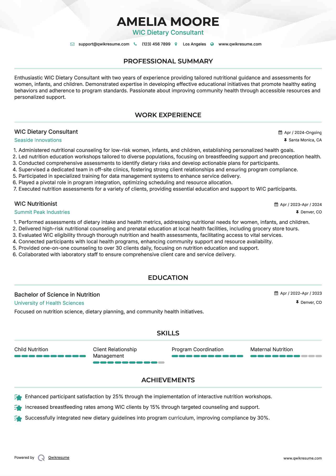 WIC Dietary Consultant Resume Sample