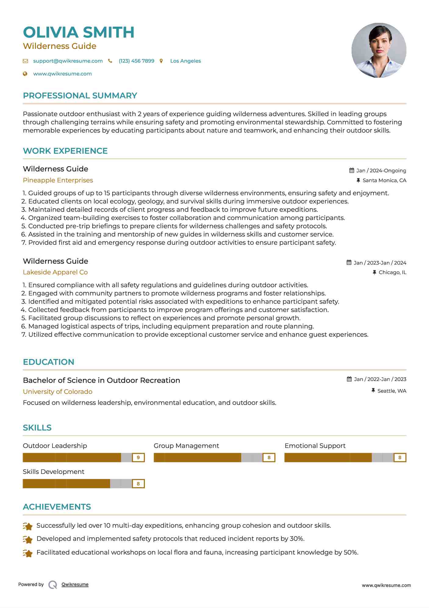 Wilderness Guide Resume Example