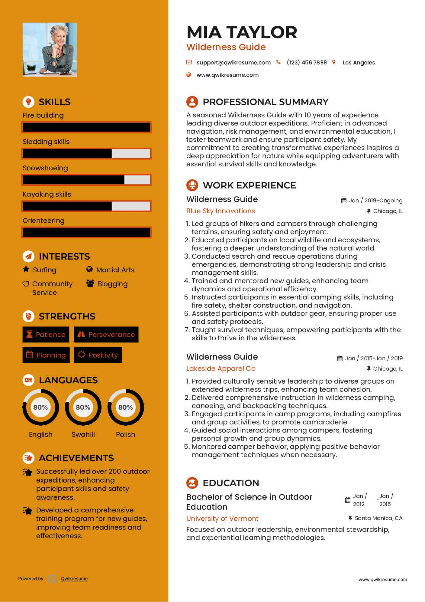 Wilderness Guide Resume Sample