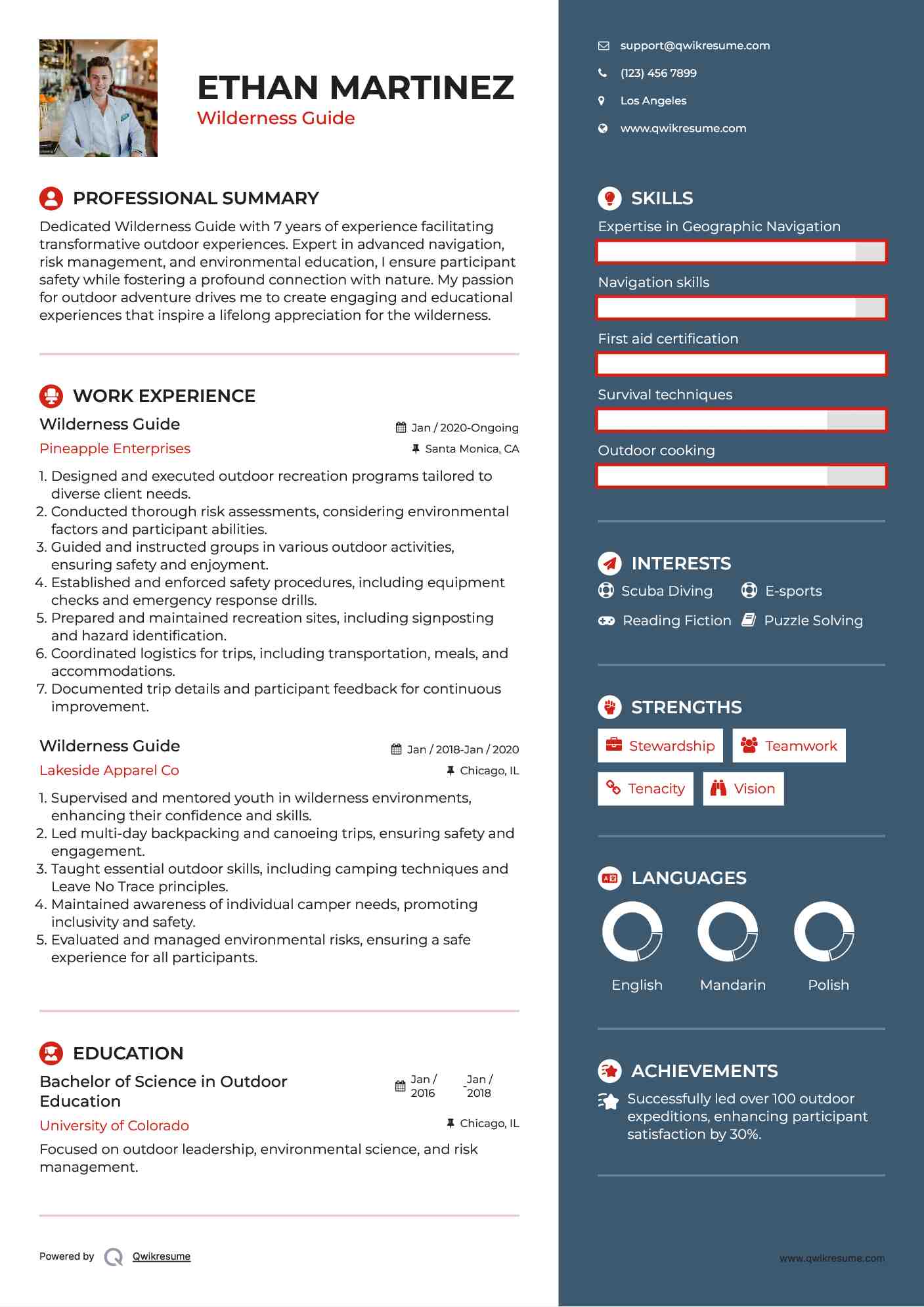 Wilderness Guide Resume Model