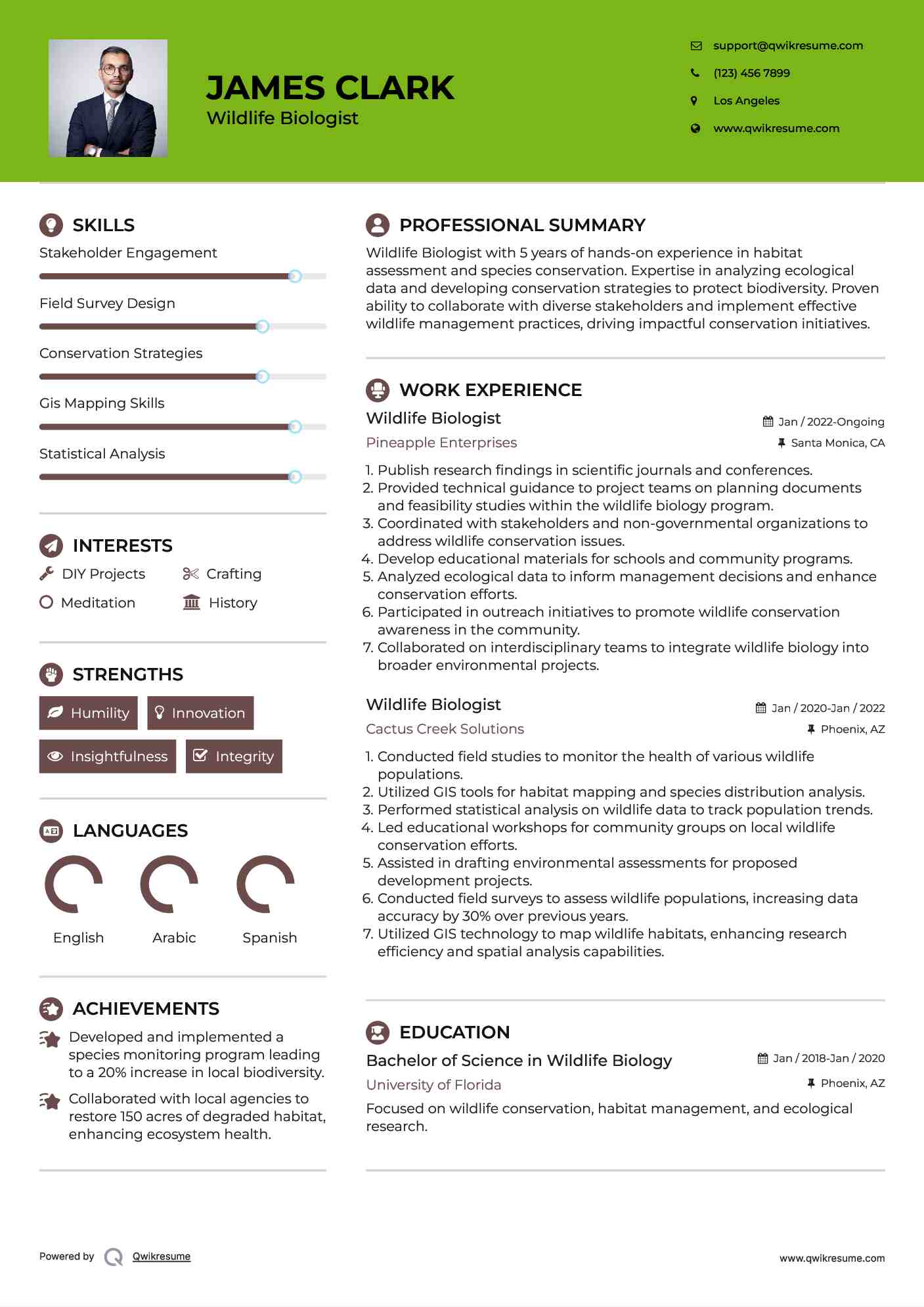 Wildlife Biologist Resume Example