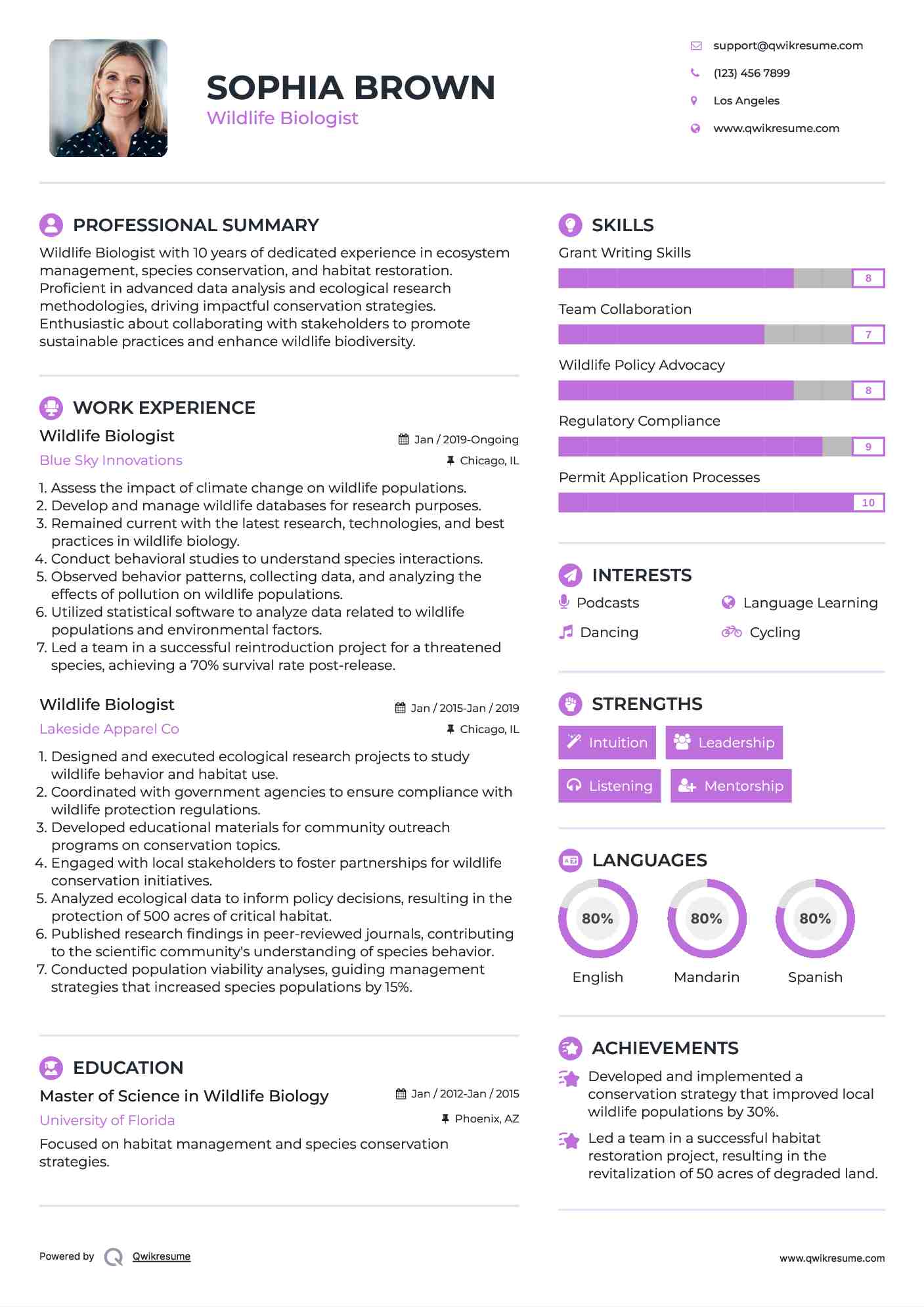 Wildlife Biologist Resume Sample