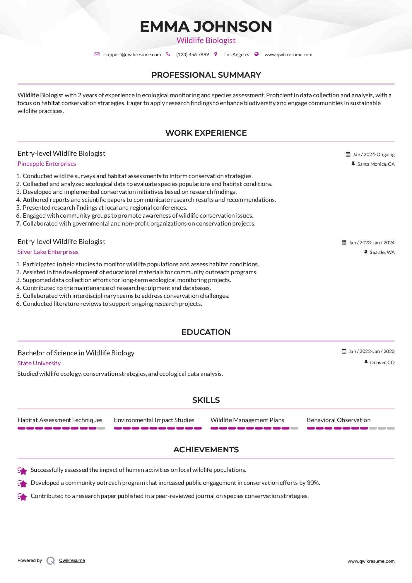 Entry-level Wildlife Biologist Resume Sample