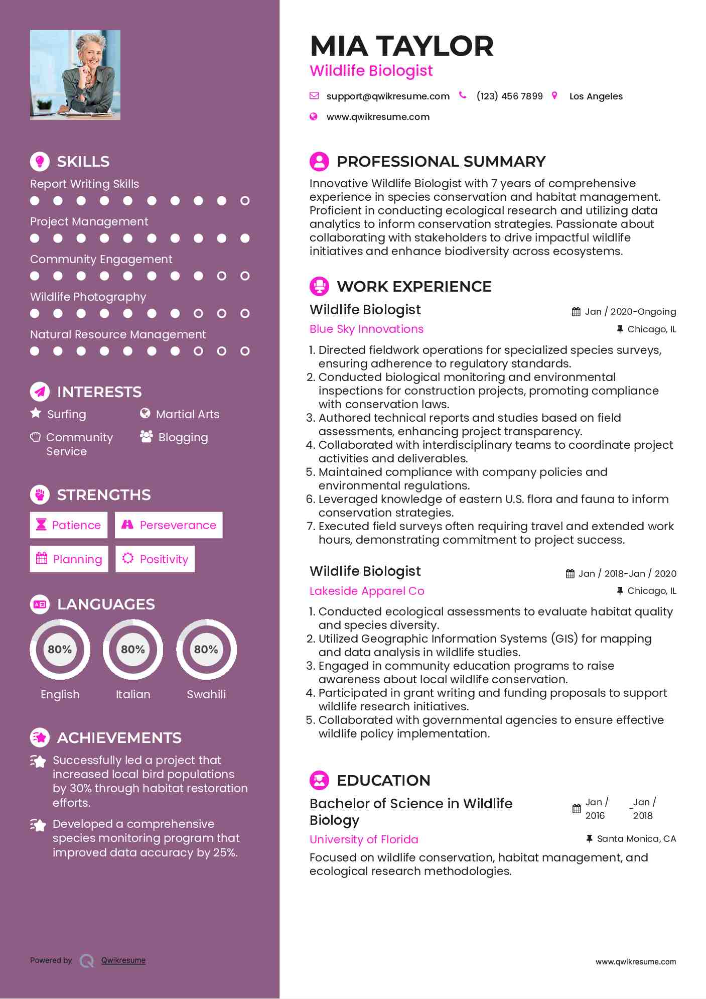 Wildlife Biologist Resume Sample