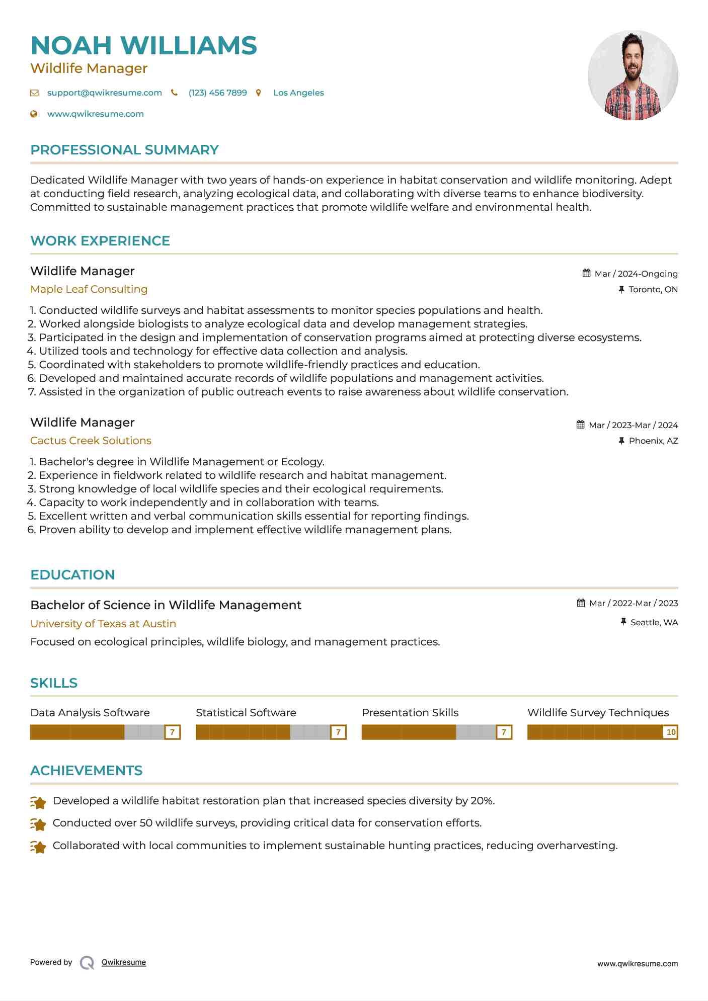 Wildlife Manager Resume Format