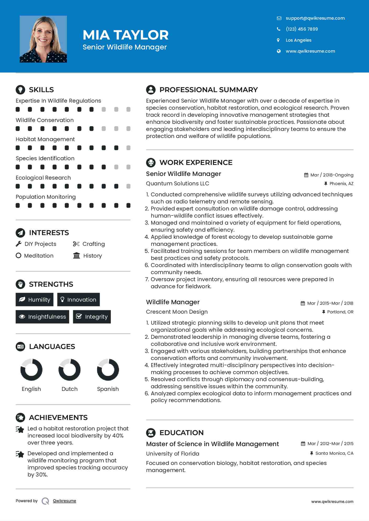 Senior Wildlife Manager Resume Model