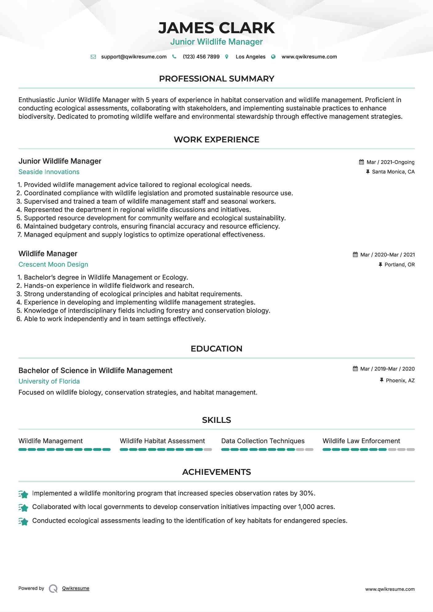 Junior Wildlife Manager Resume Template