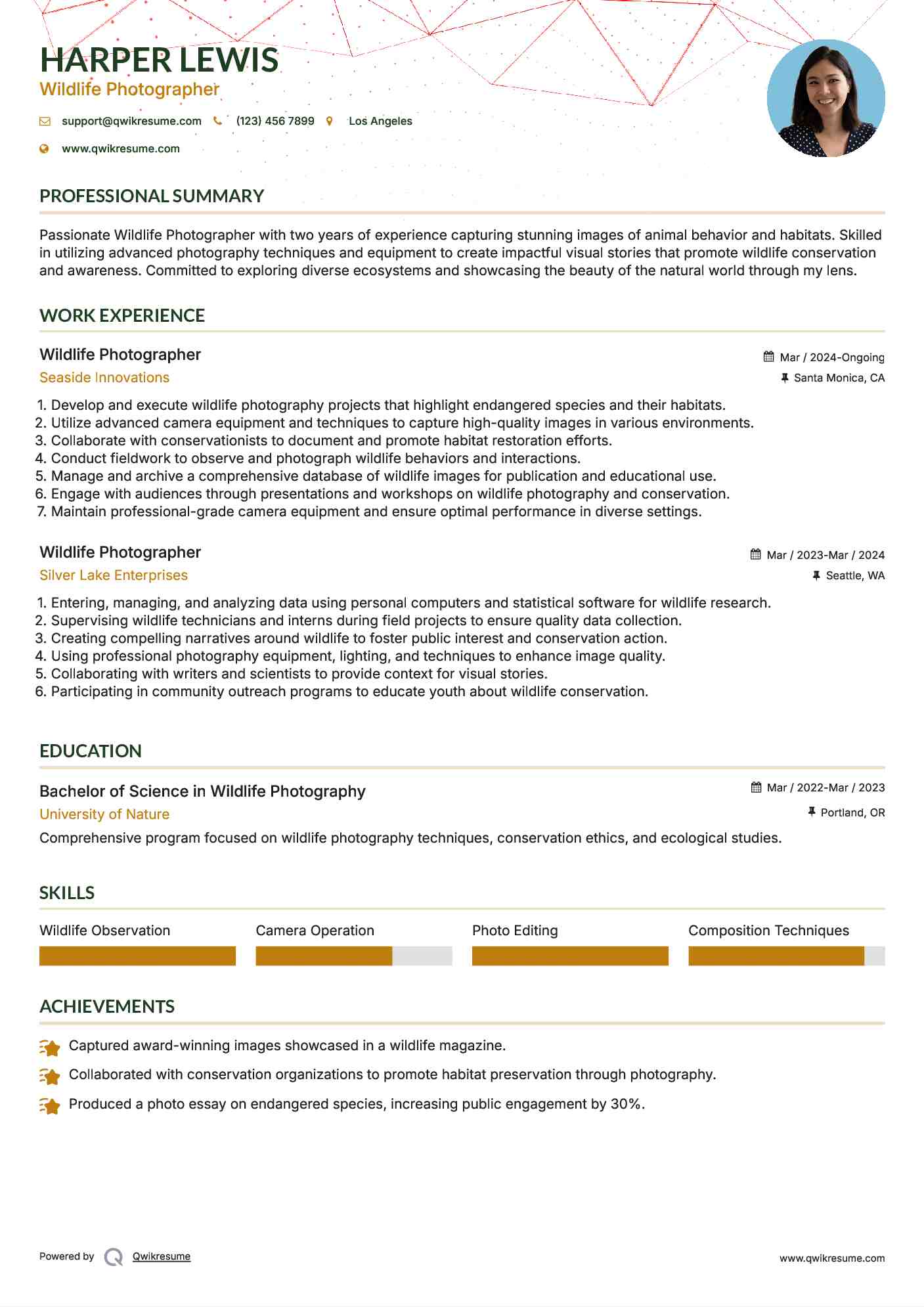 Wildlife Photographer Resume Sample