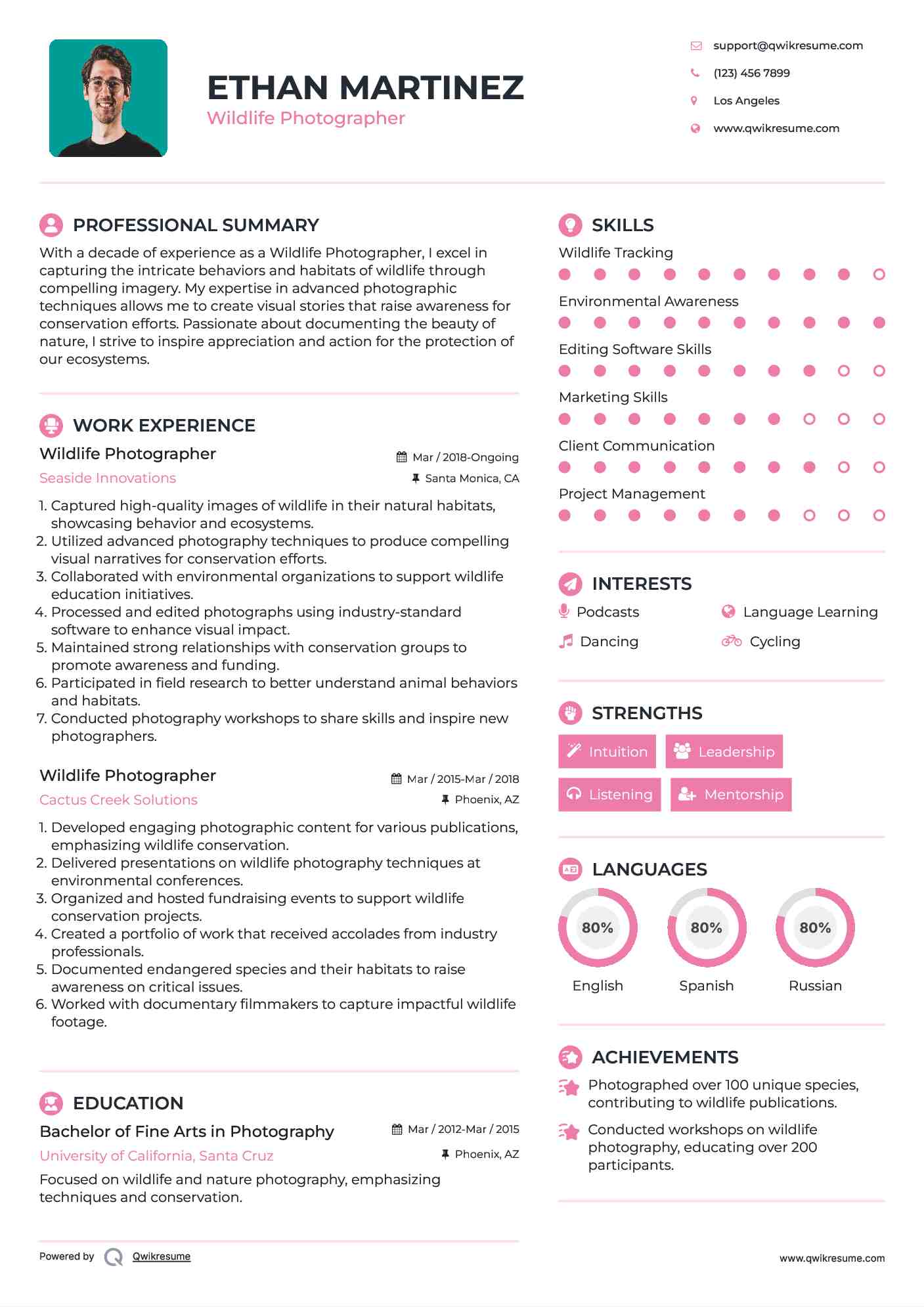 Wildlife Photographer Resume Sample
