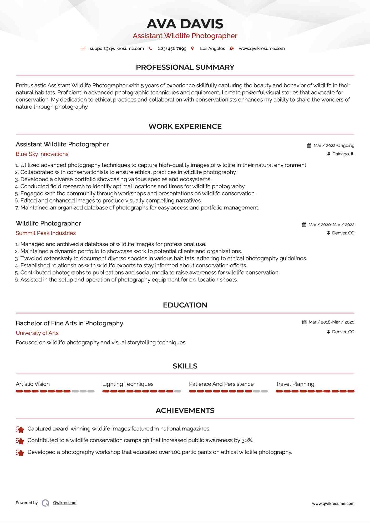 Assistant Wildlife Photographer Resume Example