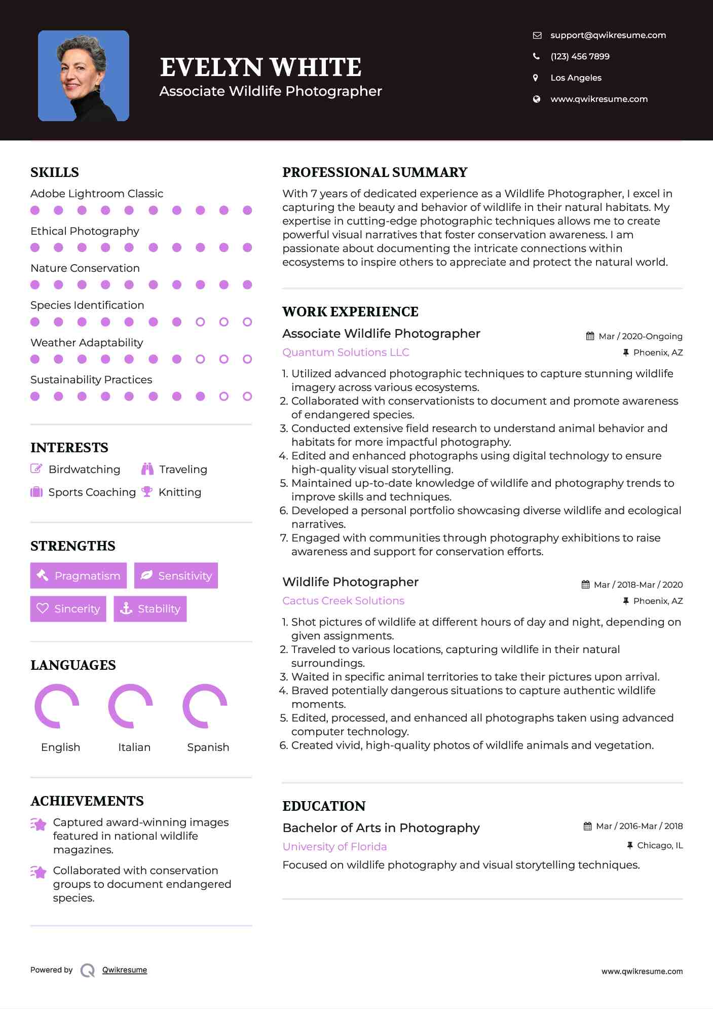 Associate Wildlife Photographer Resume Example