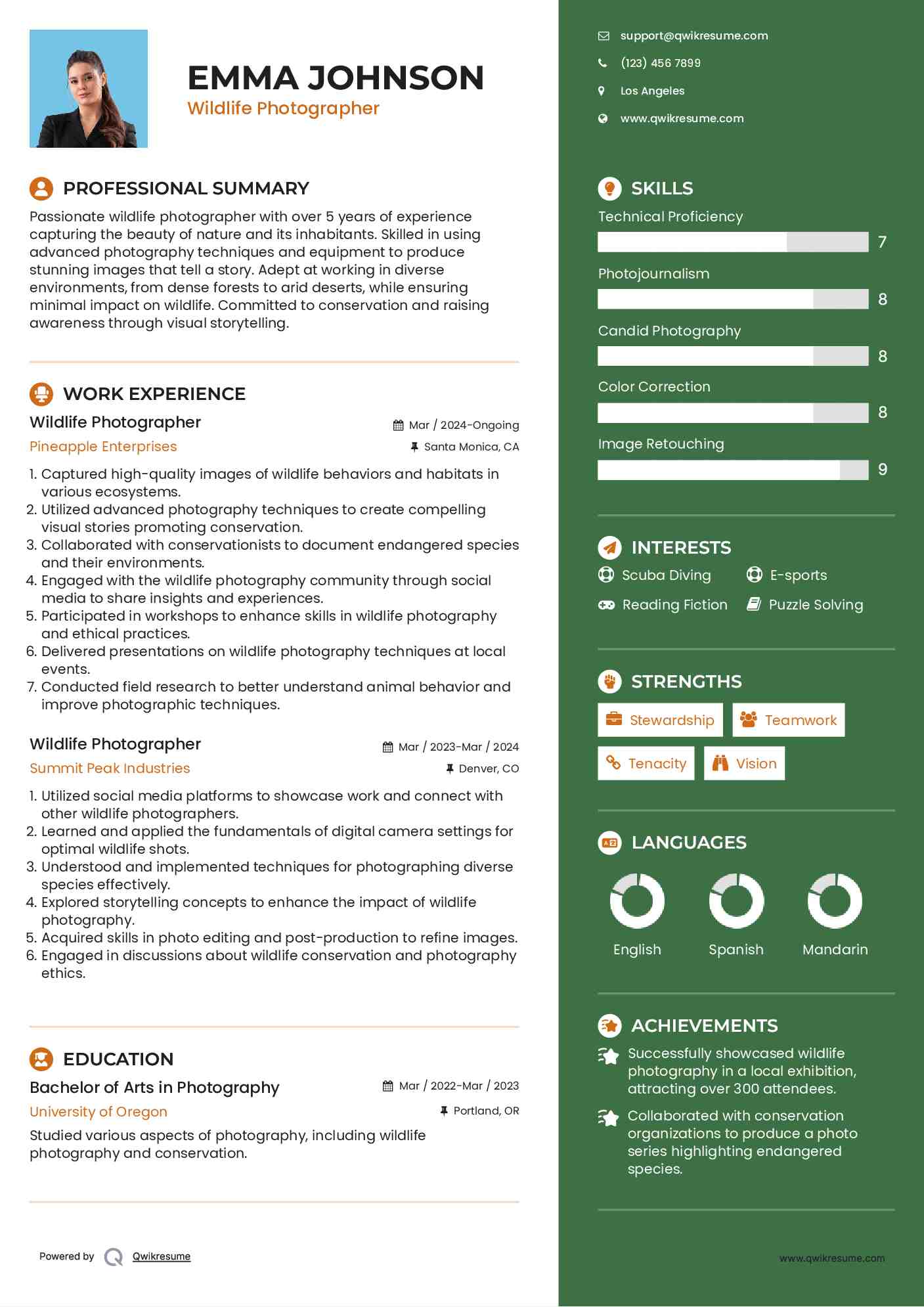 Wildlife Photographer Resume Format