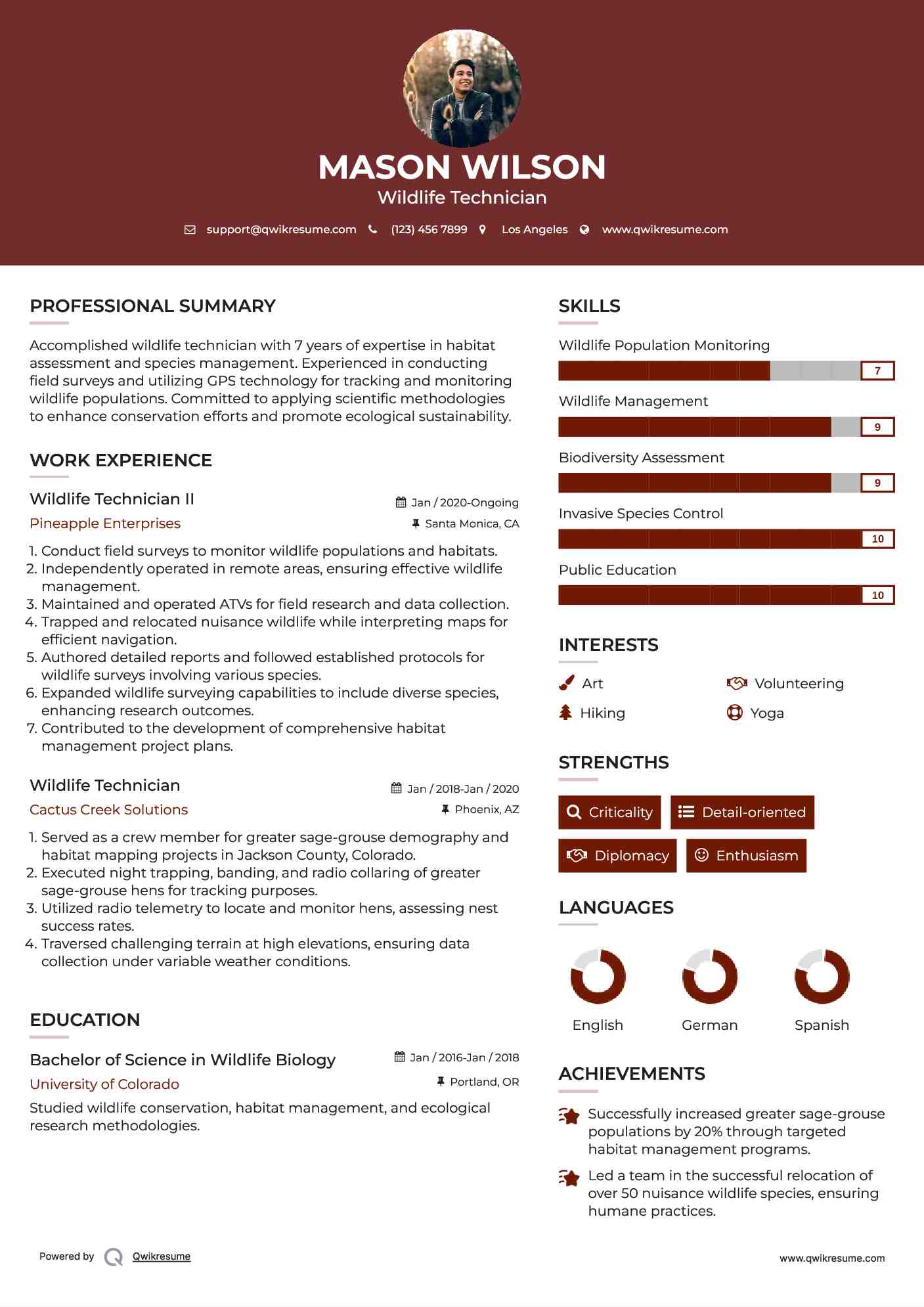 Wildlife Technician Resume Samples | QwikResume