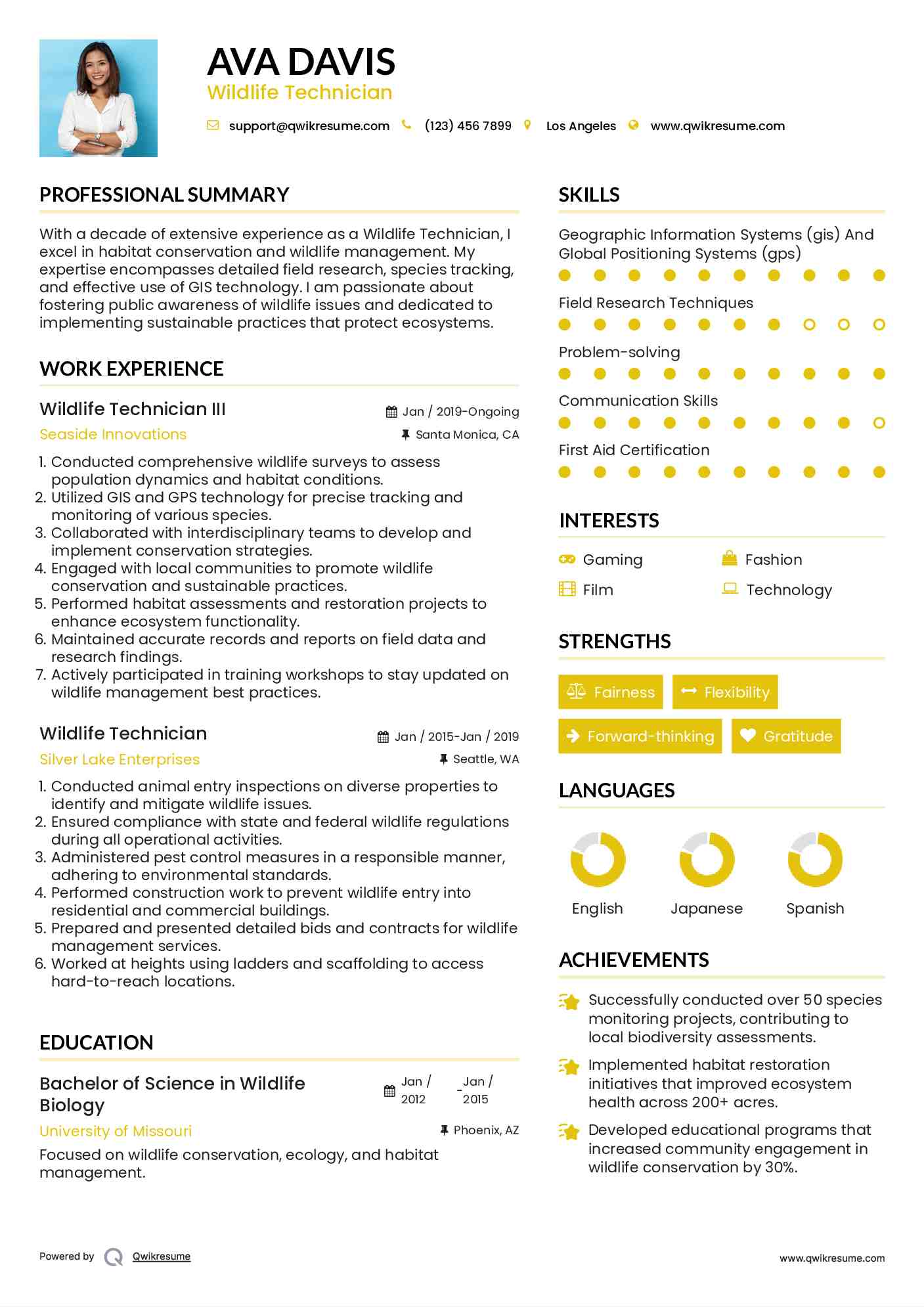 Wildlife Technician III Resume Example