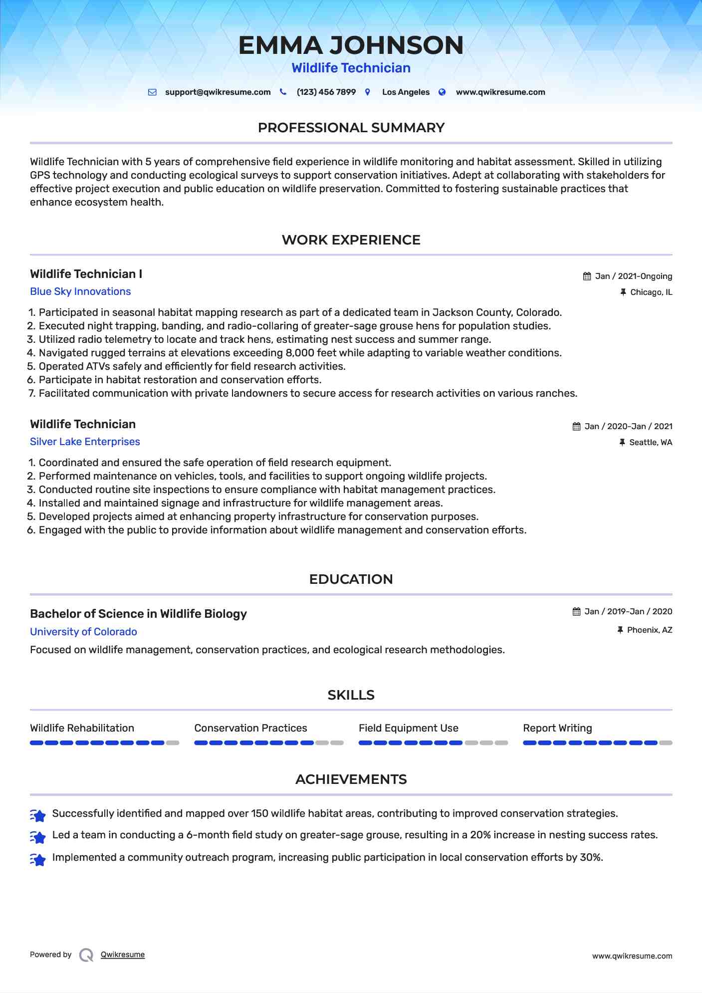 Wildlife Technician I Resume Template