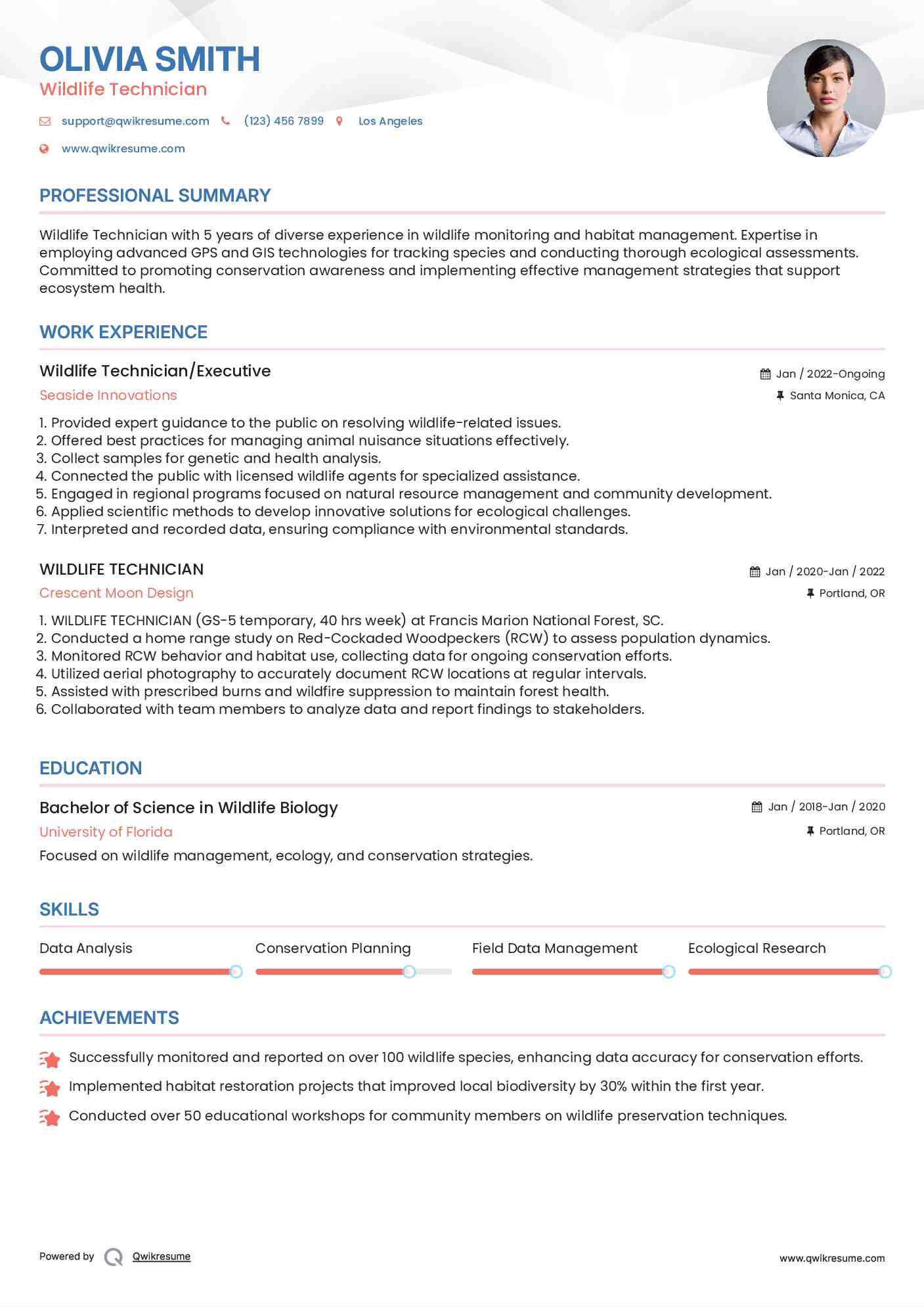 Wildlife Technician/Executive Resume Sample