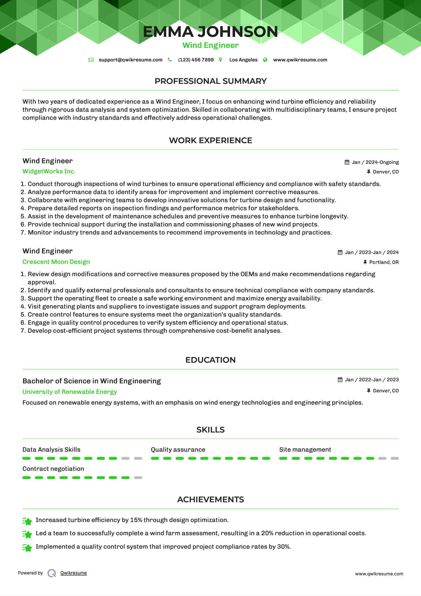 Wind Engineer Resume Example
