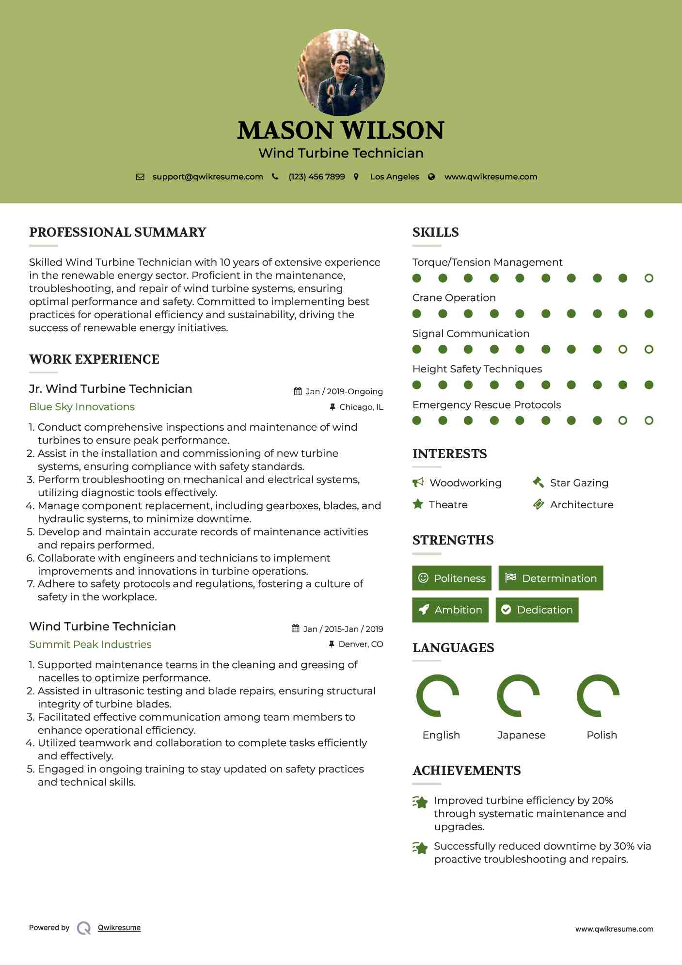Jr. Wind Turbine Technician Resume Template