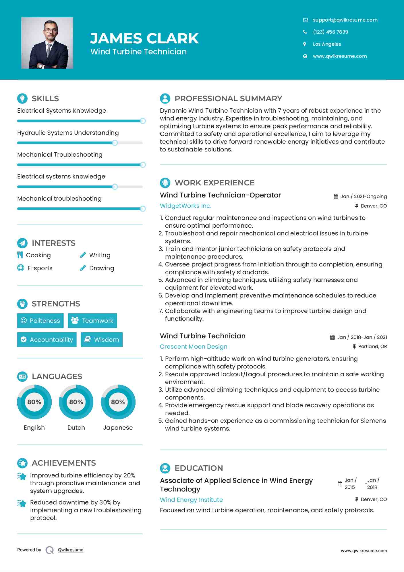 Wind Turbine Technician-Operator Resume Example